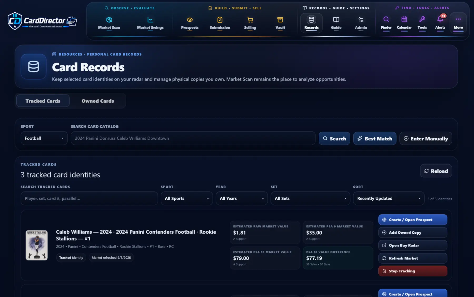 CardDirector Card Records showing tracked card identities, current estimated market values, and actions to open a Prospect, record an owned copy, research eBay listings, or refresh market information.