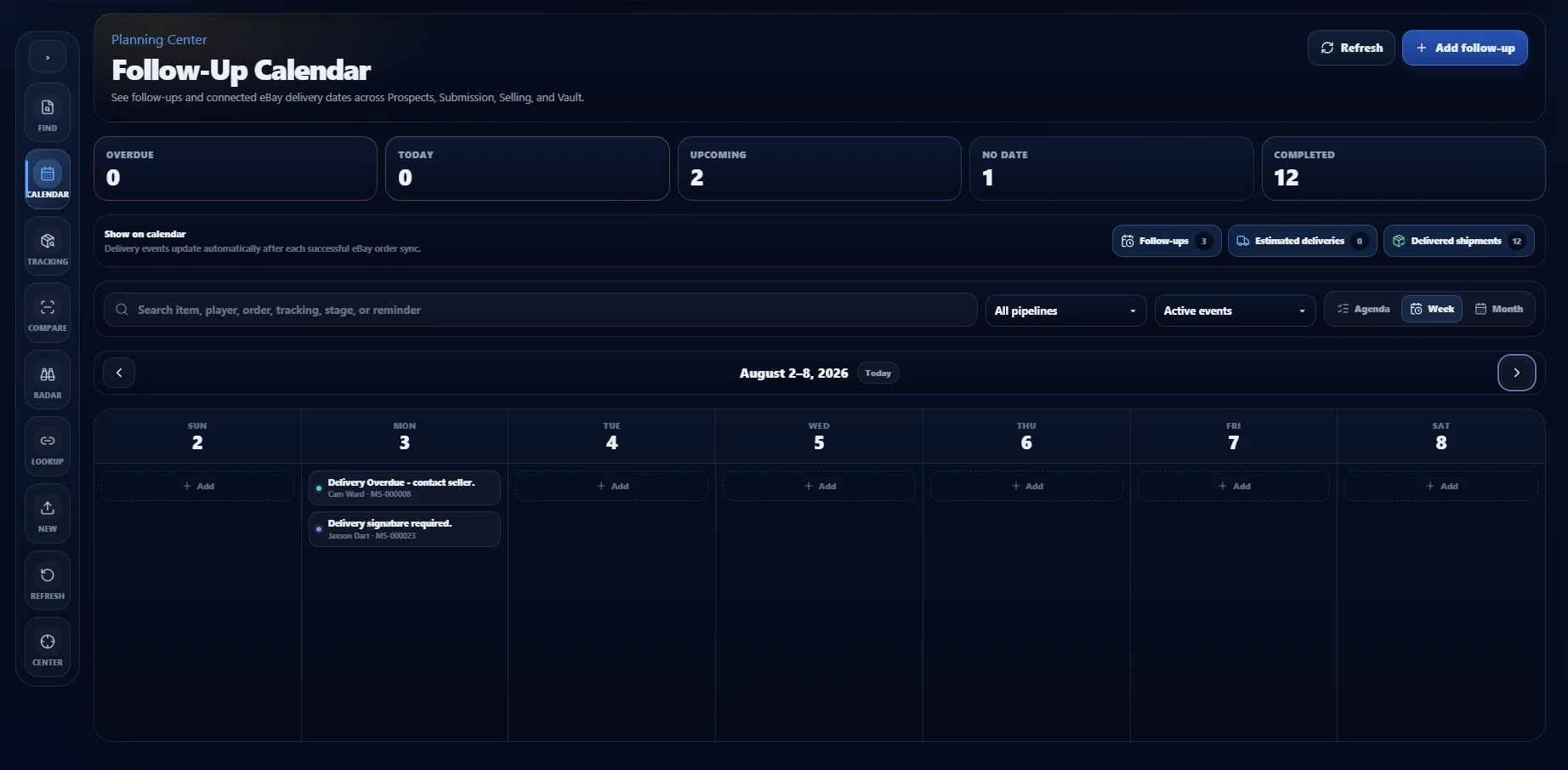 Follow-Up Calendar showing upcoming card reminders and actions.