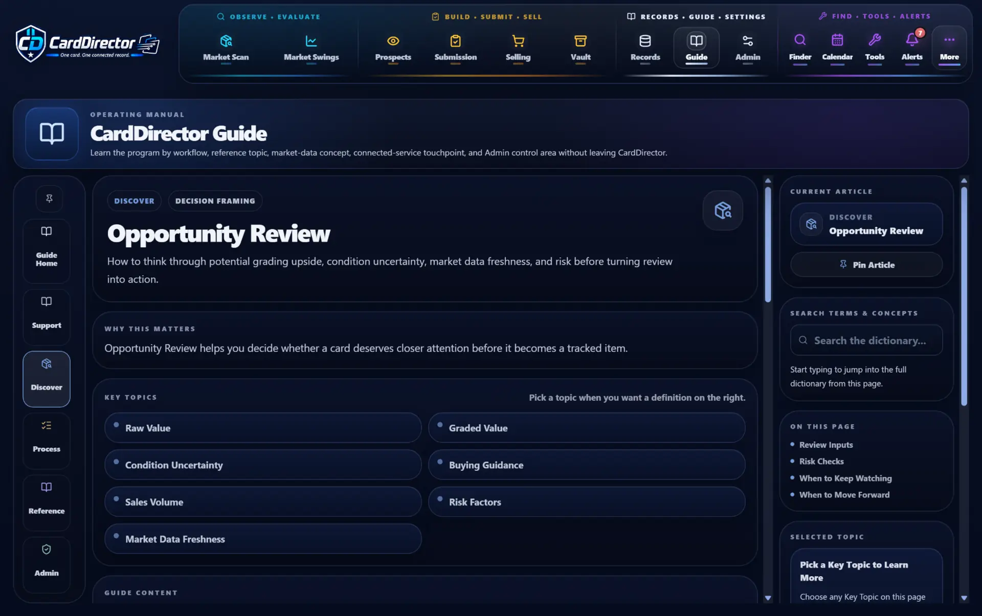 Current CardDirector Guide showing workflow navigation, key concepts, and in-program reference material.