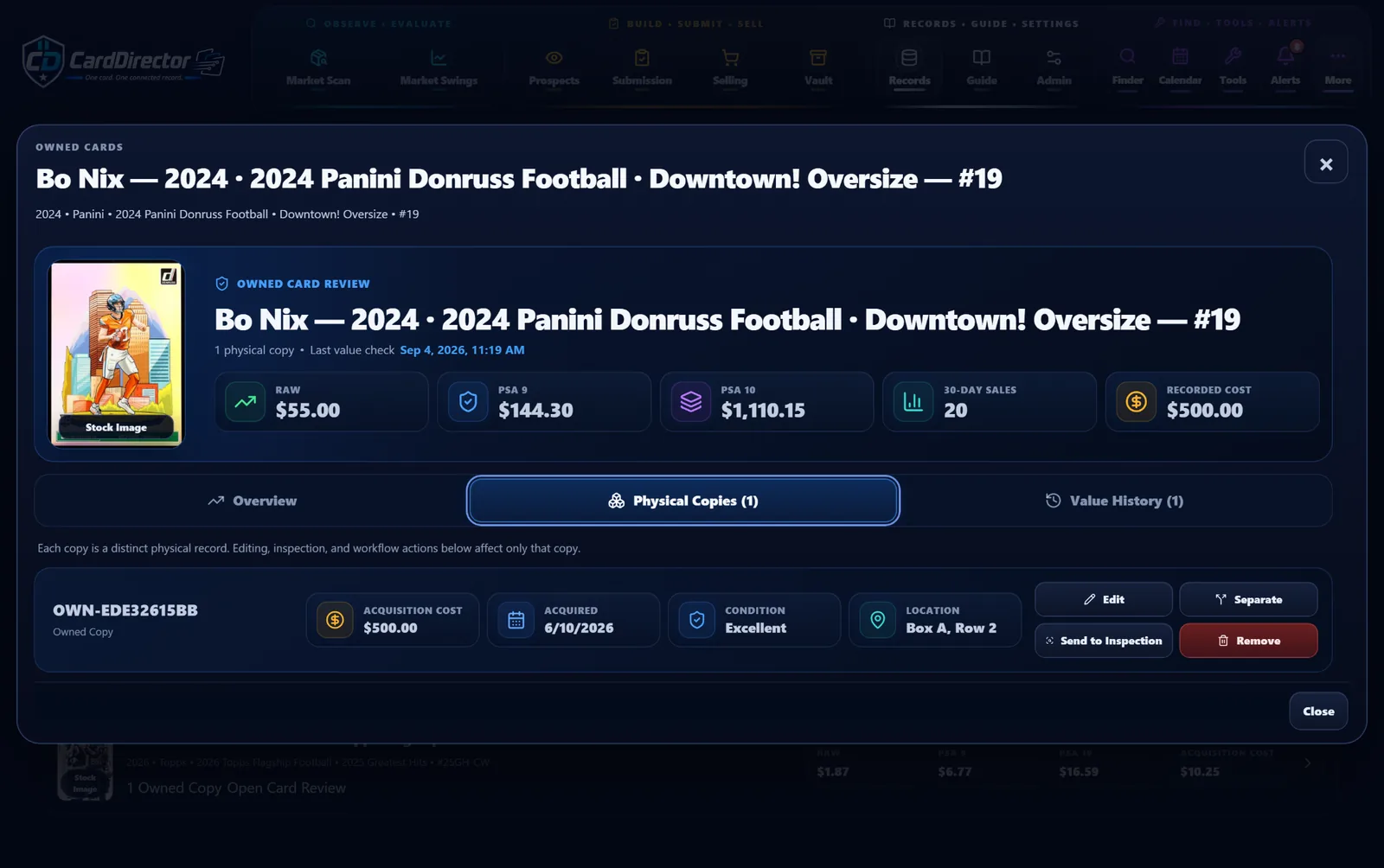 Current CardDirector Owned Cards workspace showing a distinct physical copy with its acquisition details and next workflow action.