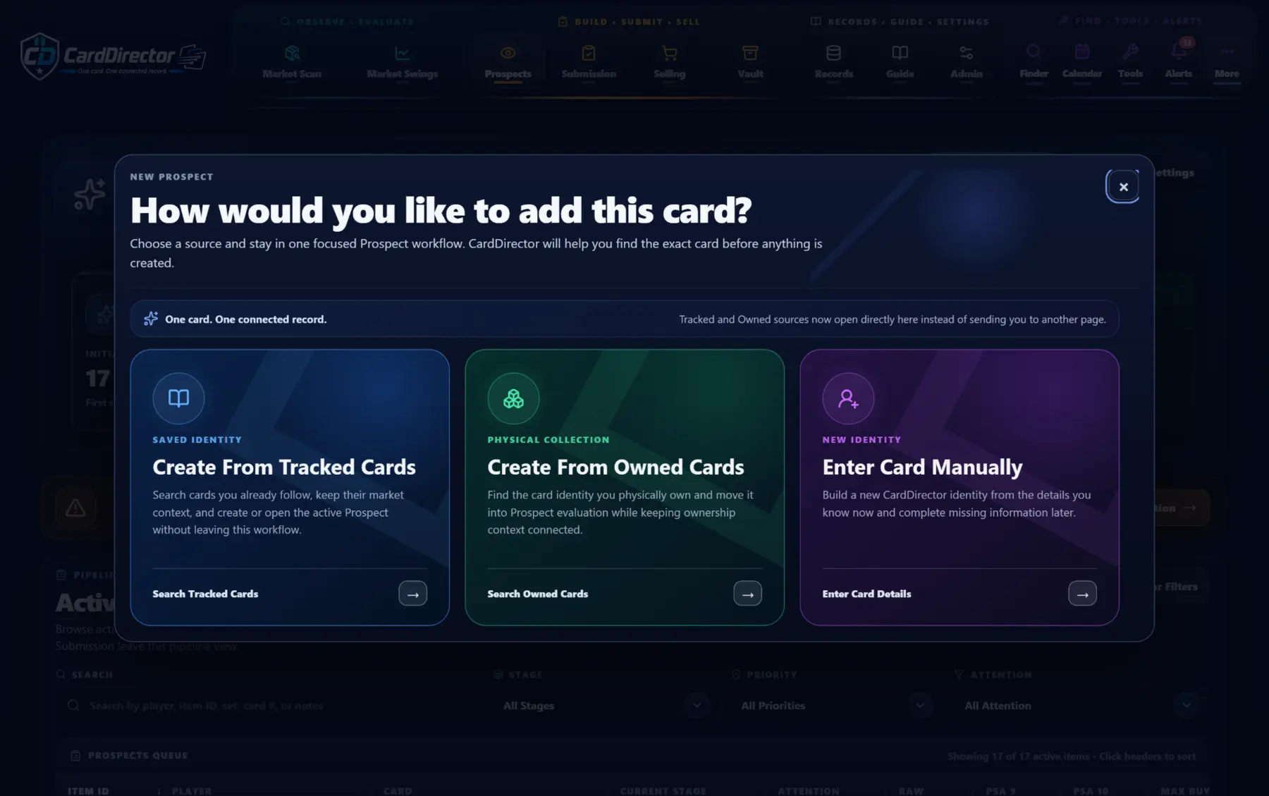 New Prospect dialog offering three starting points: create from Tracked Cards, create from Owned Cards, or enter a card manually.