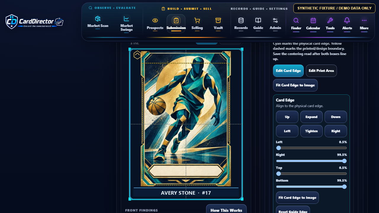Synthetic fixture Submission Inspection Surface showing the fictional card with cyan card-edge and yellow print-area overlays.