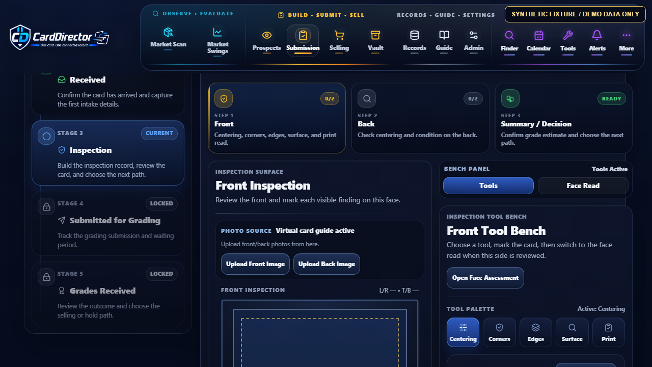 Synthetic fixture Submission Pipeline showing the fictional card at Inspection with later stages visible in the workflow.