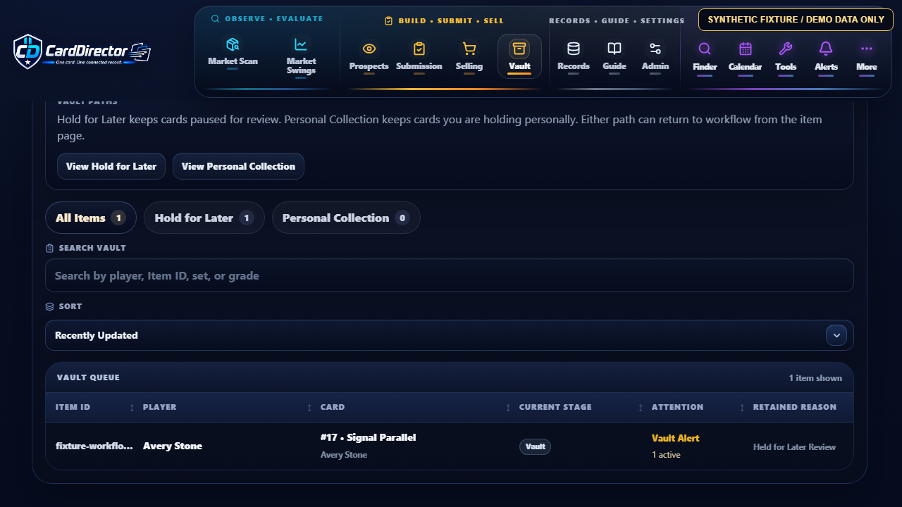 Actual CardDirector Vault workflow for a fictional retained card