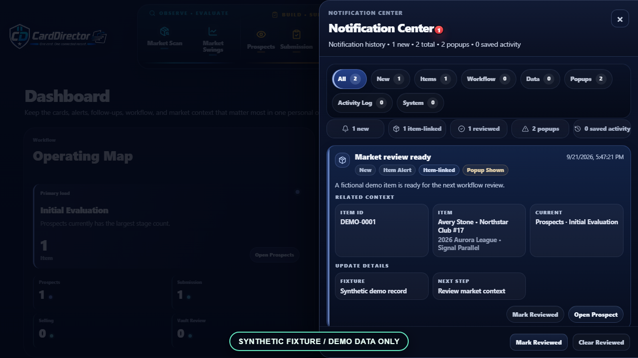 Synthetic fixture Notification Center drawer showing two total fictional history entries, with one item-linked entry expanded.
