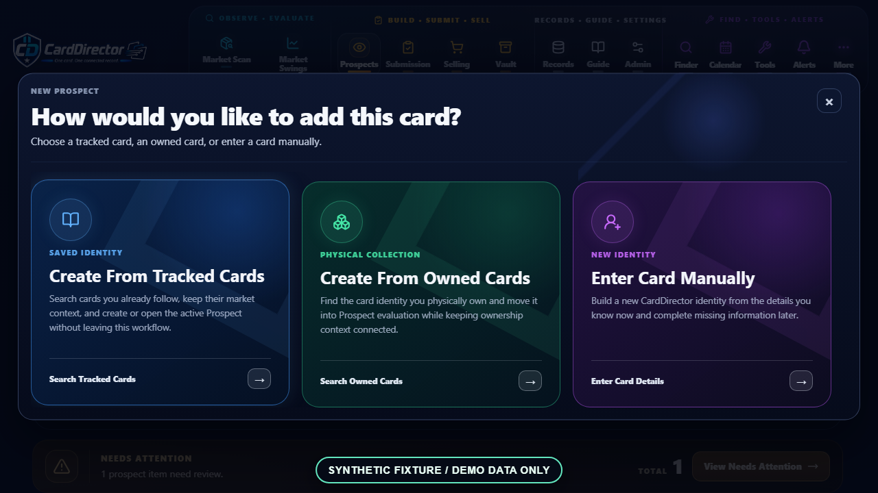 Actual New Prospect development dialog with Tracked Card, Owned Card and Manual Entry options