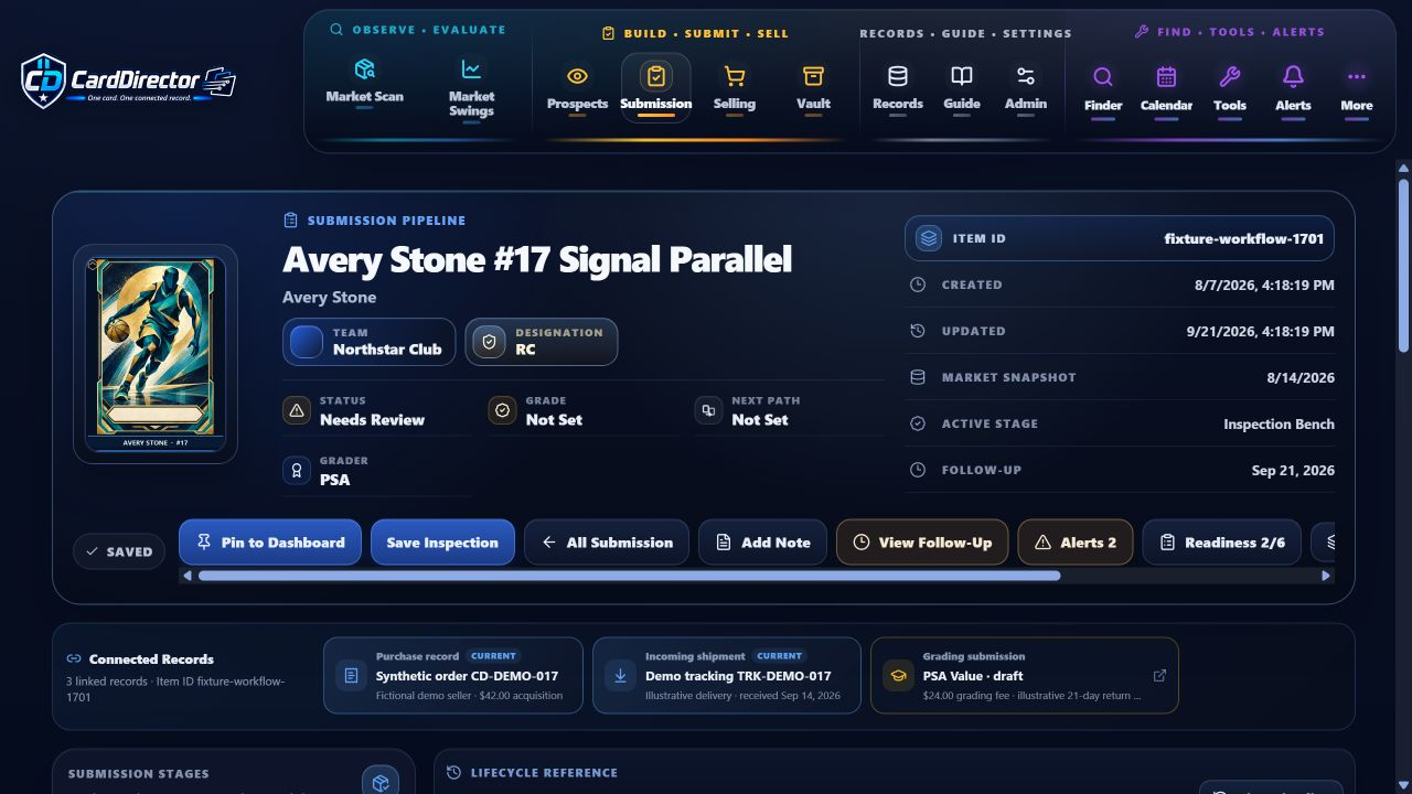 Actual CardDirector app showing a fictional Avery Stone card, its inspection stage, and connected purchase and grading records