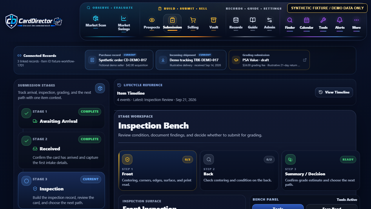 Actual app inspection workbench with front, back and summary steps for a fictional card
